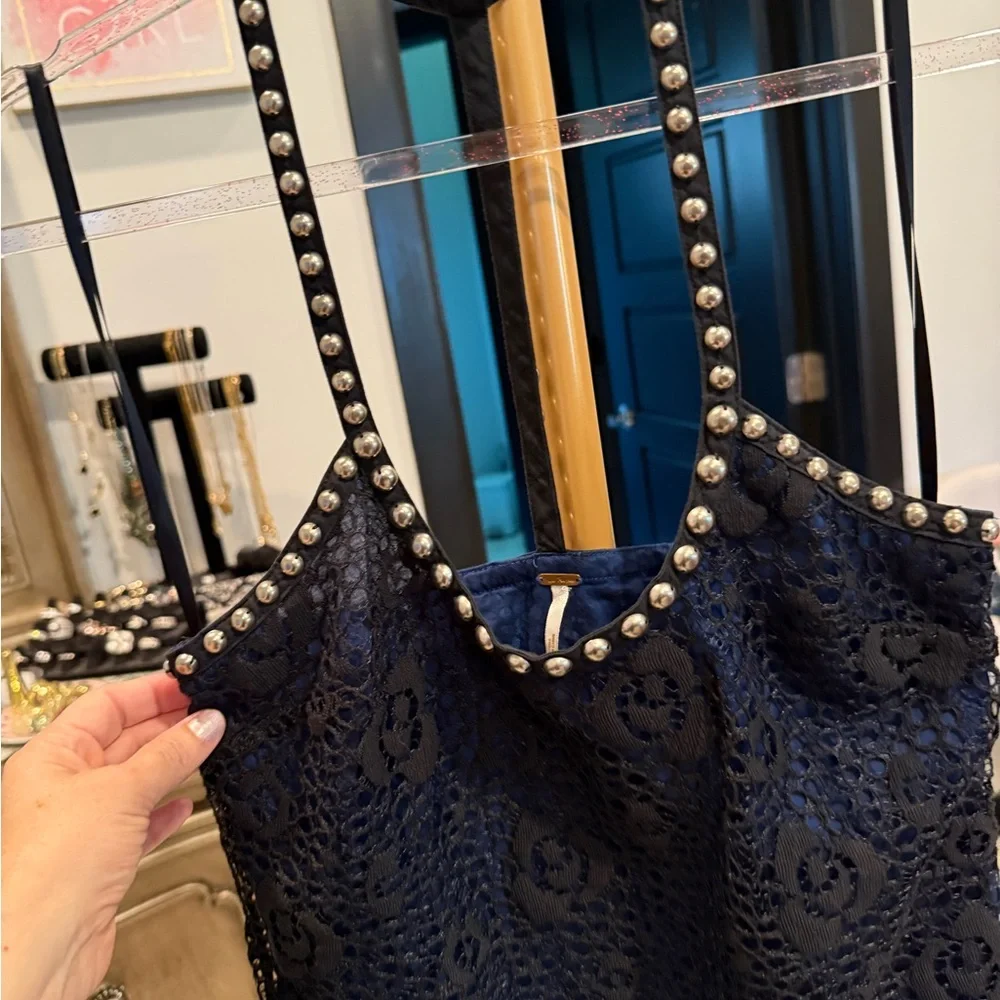 Free People Chic Navy Lace Dress with Pearl Details - Picture 3 of 11